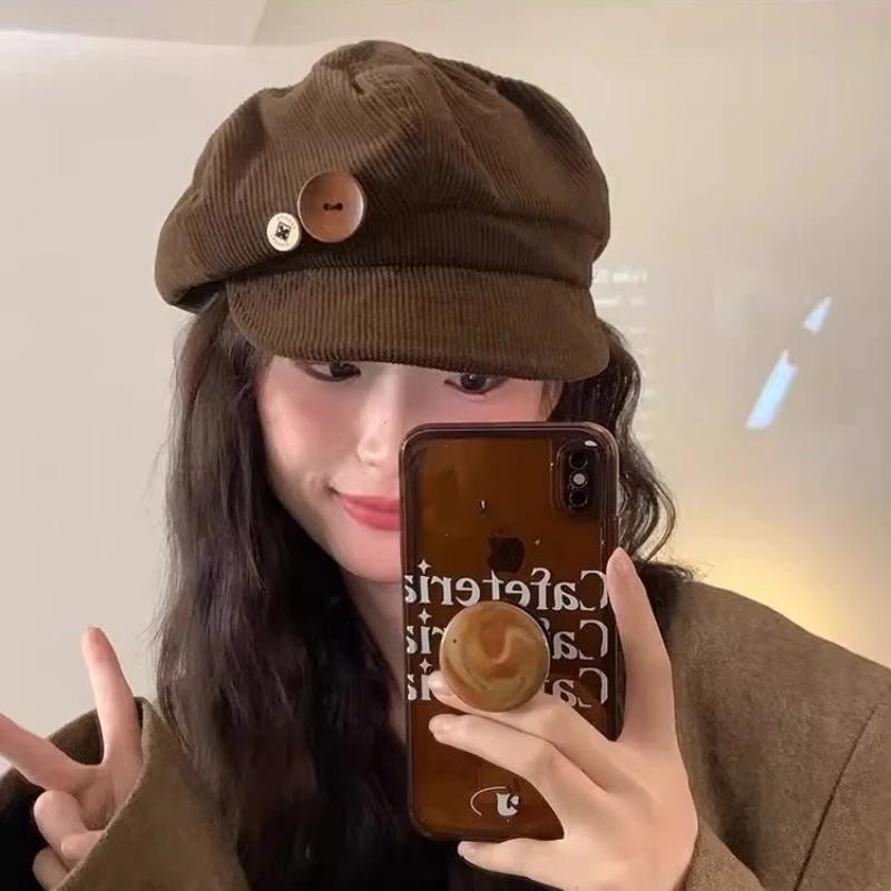 Vintage Corduroy Beret Hat For Women Korean Button Octagonal Cap Autumn Winter Painter Artist Hats Japanese Brown Peaked Caps