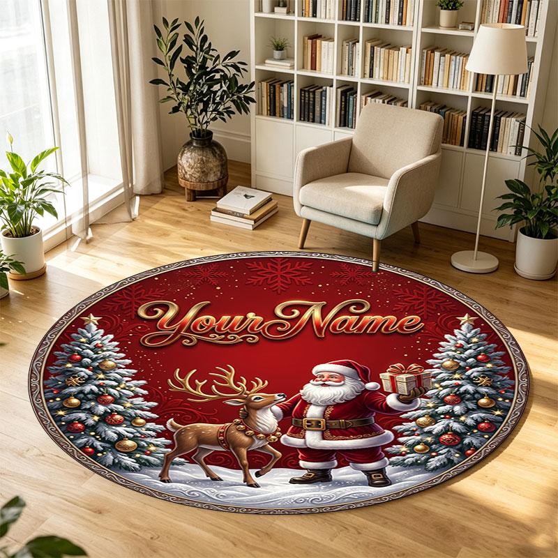 Christmas (1) Theme Circular Crystal Velvet Carpet Customized Name & Text Round Soft Floor Rug For Living Room Bedroom Decor