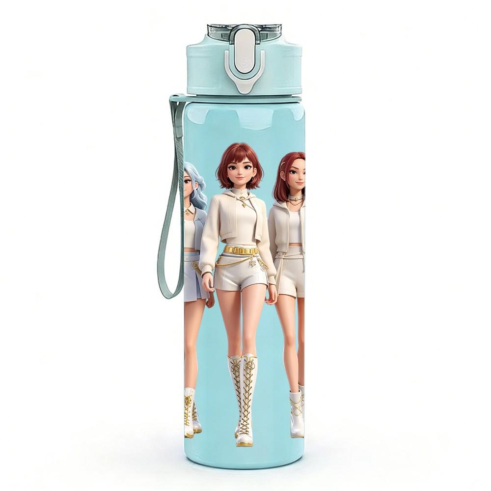 1PC Three Chibi Female Characters 750ml Color Plastic Sports Water Bottle Leakproof Flip Straw Lid For Sports Office Home Use