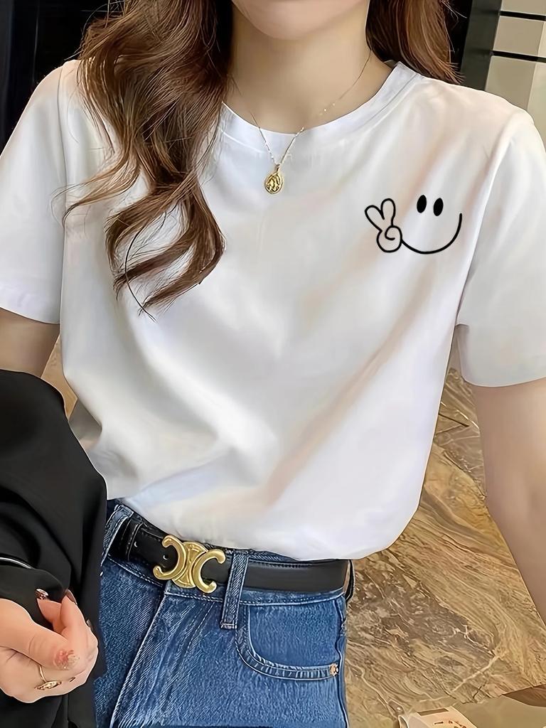 Smiley Face Print Round Neck T-shirt Casual Shortsleeved T-shirt Summer Wear Hamska Women's Short-sleeved Summer Fashion Y2K Top