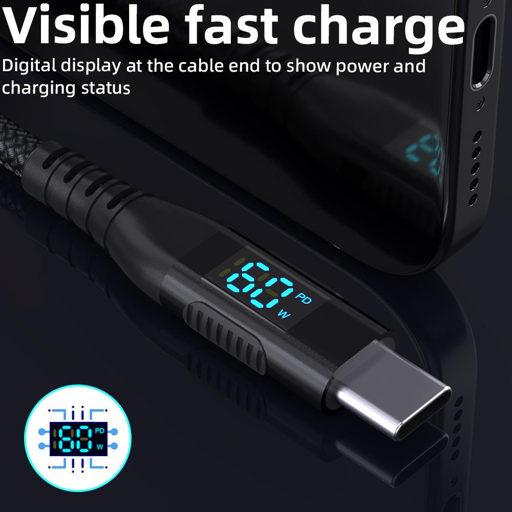1m USB-C to USB-C Cable Digital Display 3A/20V 60W Fast Charging Braided Data Cord for Smartphones Tablets