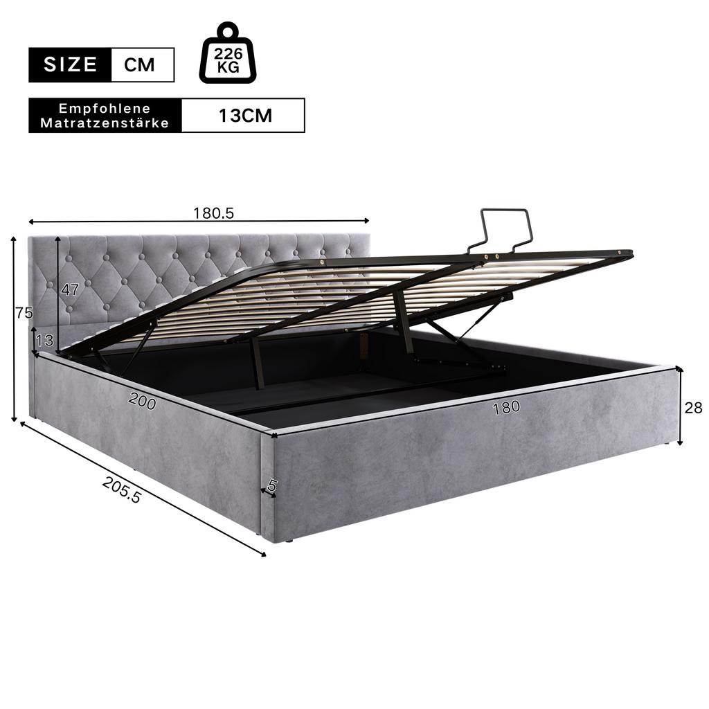Velvet Upholstered Bed, 180*200cm, Buttoned Headboard, Double Bed, Hydraulic Bed with Storage, Slatted Frame, Gray[OLD SKU:29775960AAH]