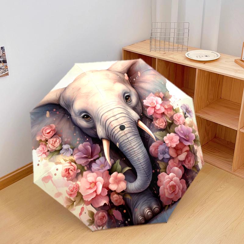 1 PC Automatic Folding Umbrella - Cute Cartoon Elephant Pattern, Portable & Foldable Design with 8 Ribs, Christmas Birthday Gifts