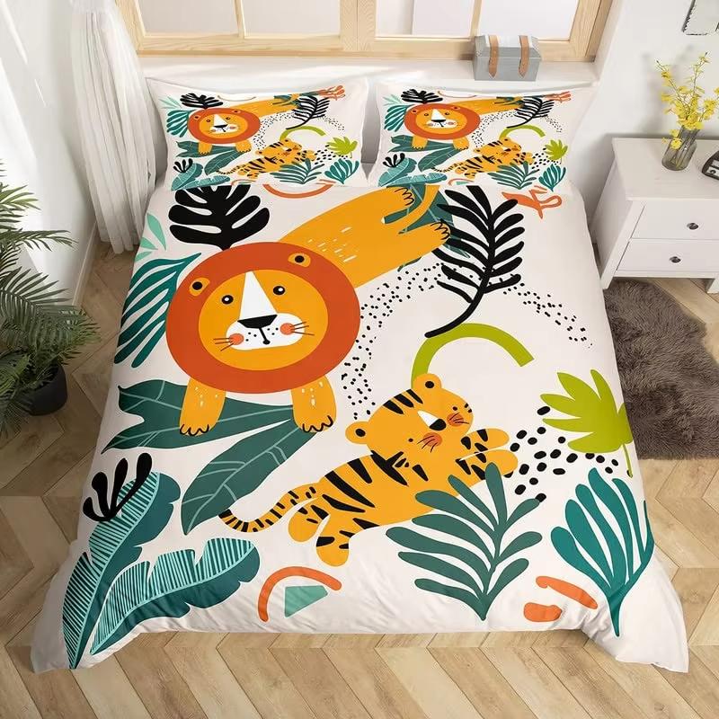 Cartoon Tiger Duvet Cover Set Wild Animal Theme Comforter Cover Kids Teens Adults Soft Microfiber Polyester Bedding Set 2/3 Pcs