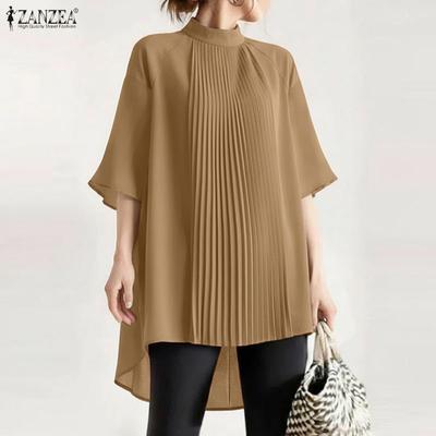 Women Casual Stand Collar Loose Summer Half Sleeve Blouse