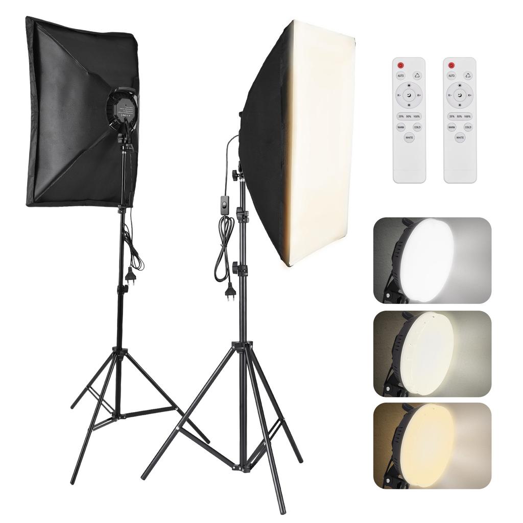 Studio Photography Light Kit Softbox Lighting Kit with 50x70cm Softbox *2 + 80W Bi color LED Video Light *2 + Metal