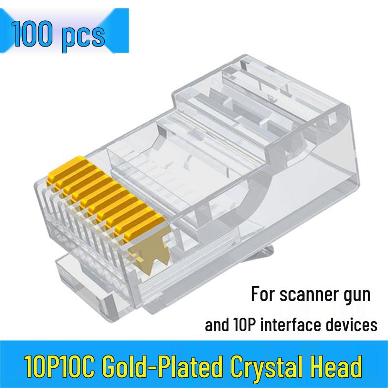 10P10C Gold-Plated RJ48 Network Cable Connector - Ten-Core Crystal Head for Scanner Connection.