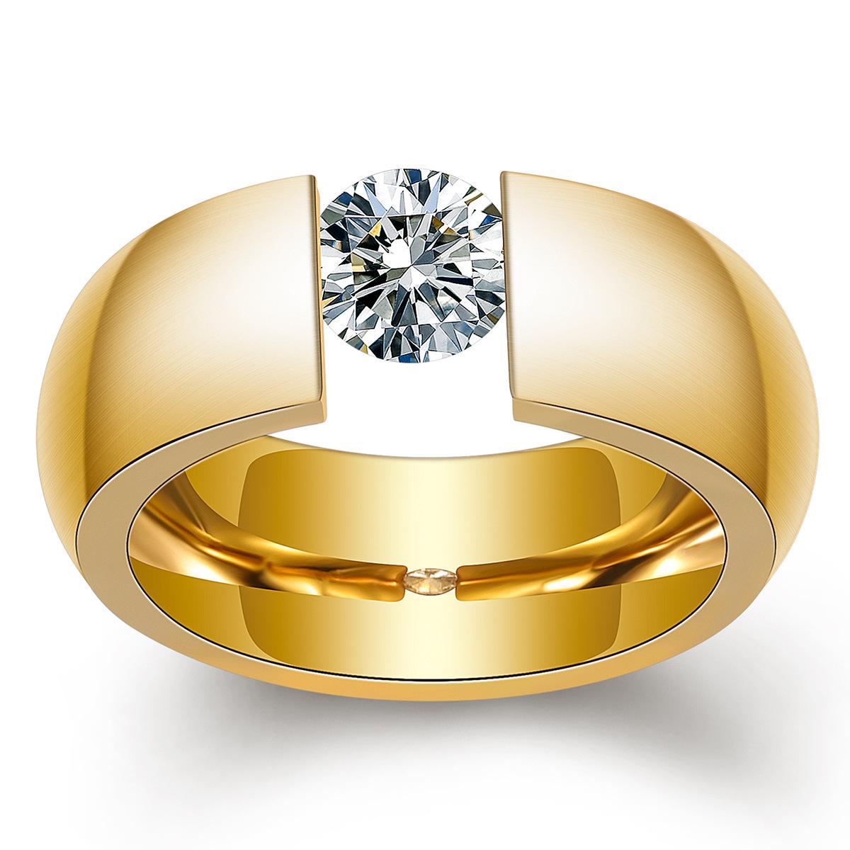 18K Gold Inlaid Zircon Stainless Steel Ring - European  American Fashion Size 8