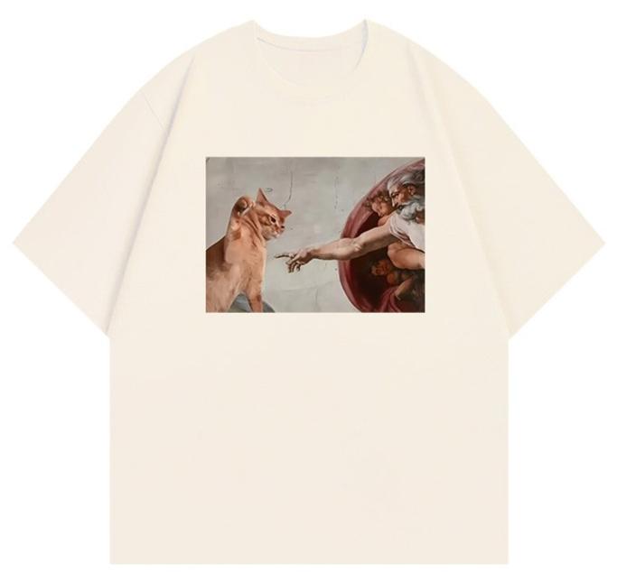 Dont get close to me Tshirt God reaches out to touch the cat Funny shortsleeved 2025 summer new fun cat cotton loose clothes