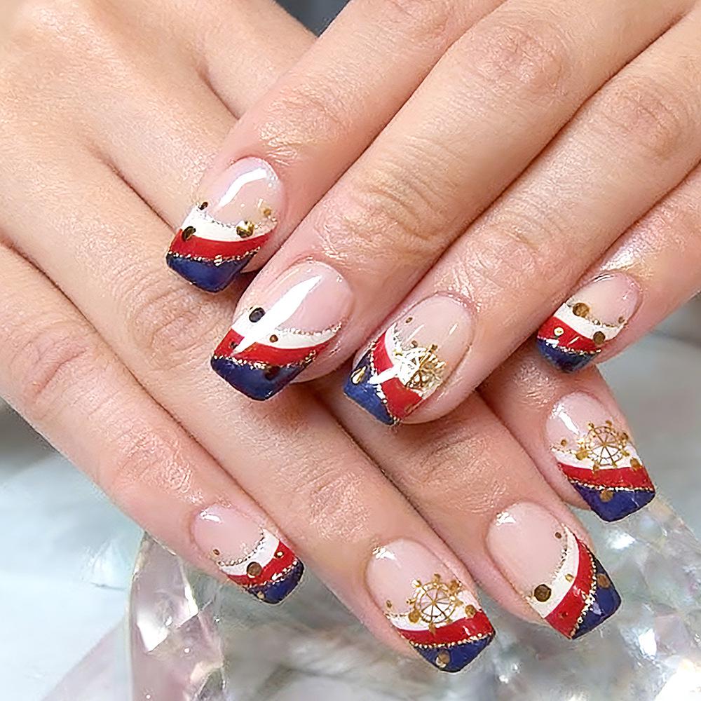 24-Piece Independence Day Glitter Nail Art: Red, Blue, Gold Foil French Tip Fake Nails