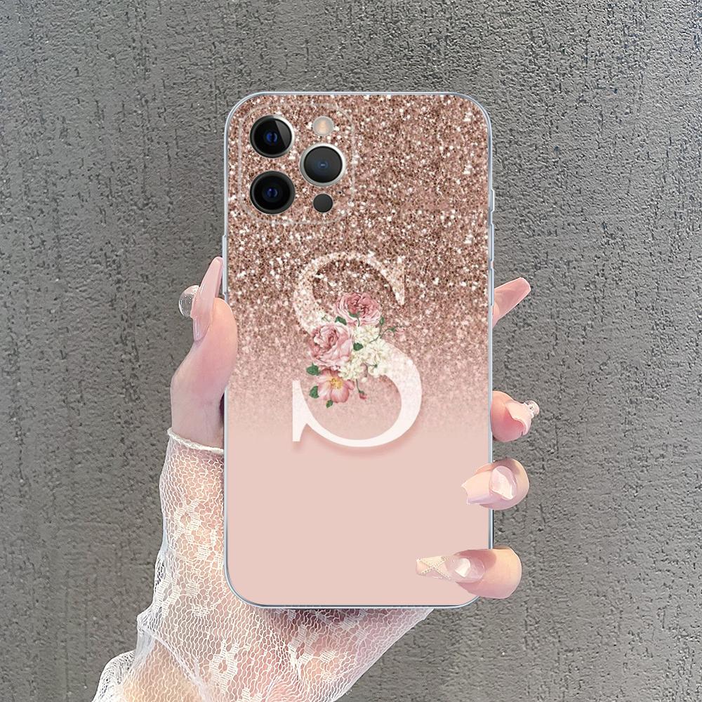 Letter Pink Shiny M R Clear Phone Case For IPhone 15 14 13 12 Mini 11 Pro XS Max X XR SE 6 7 8 Plus Soft Silicone Cover