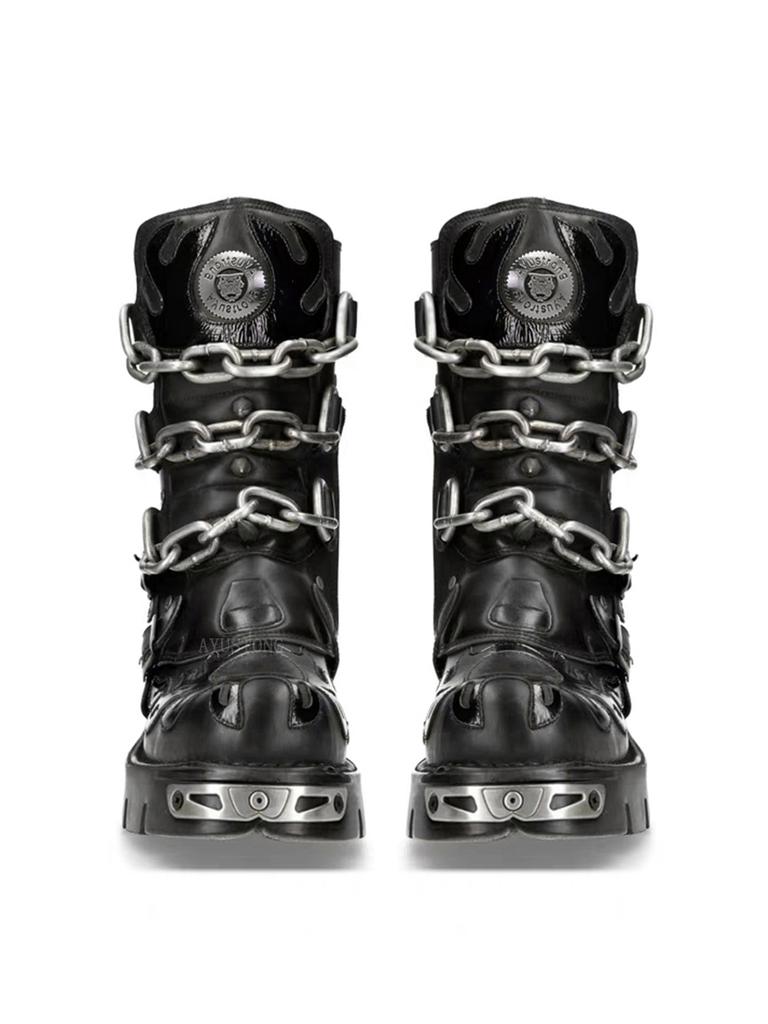 Fashion New Men's Punk Motorcycle Boots Metal Thick Heel Goth Skull Buckle Mid- Calf Combat Boots Zipper Round Toe Women Western Boots