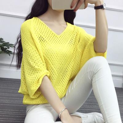 Thin Section V-neck Pullover Knit Sweater Women's Tops Large Size Seven-minute Sleeve Skeleton Sweater Women Loose Shirt