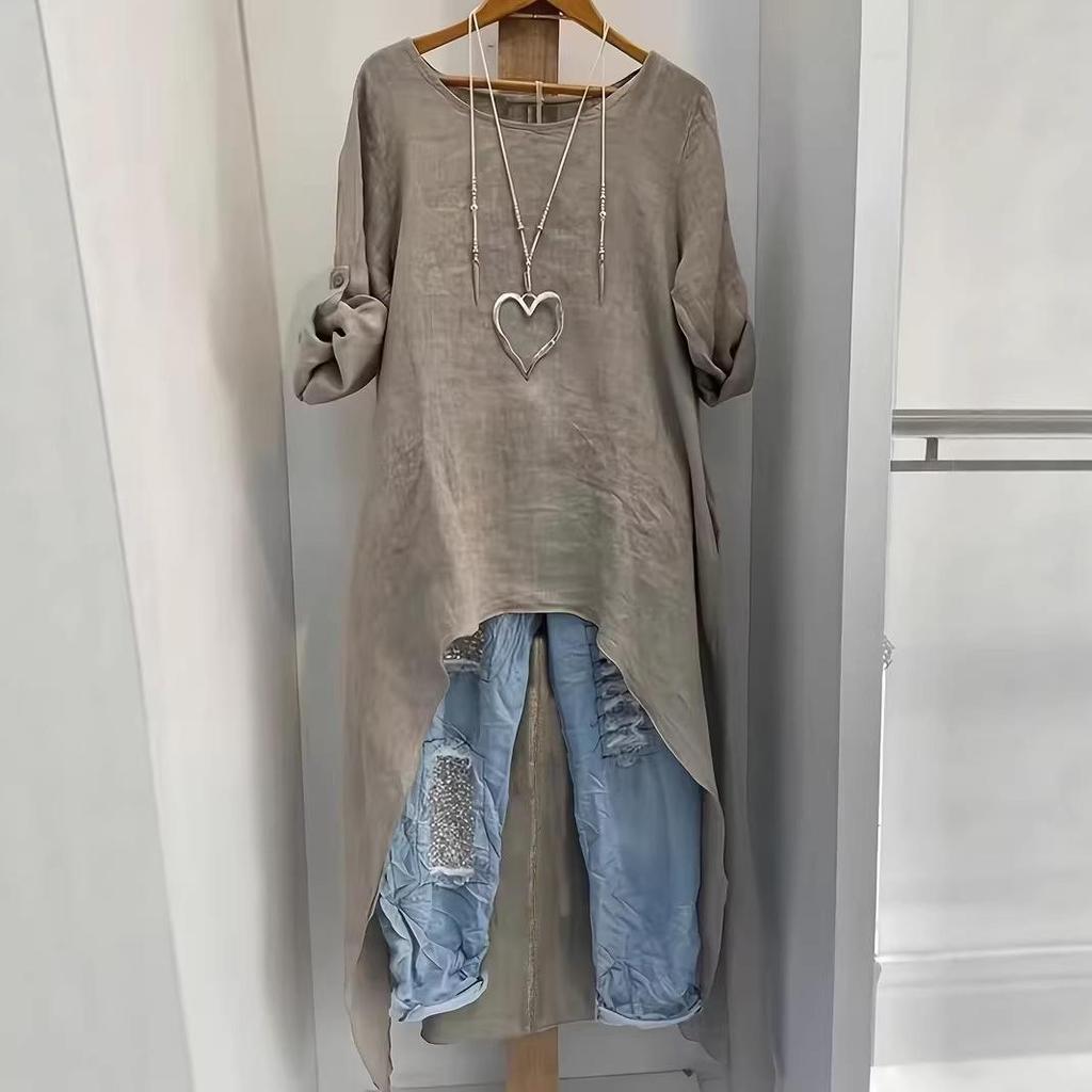 Women's Linen Irregular Long Top - Round Neck, Loose Fit, High-Low Hem, Versatile Fashion Shirt