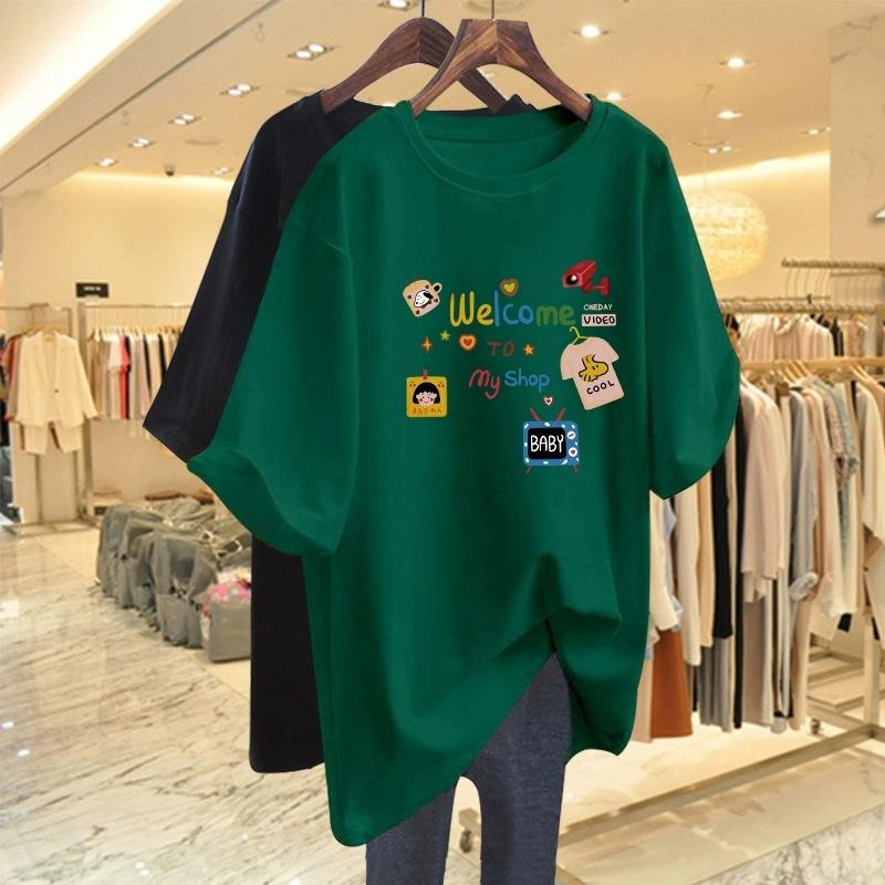 

Свободная корейская версия футболки с короткими рукавами из чистого хлопка, женская летняя новая средняя и длинная футболка в иностранном стиле, уменьшающая возраст, с короткими рукавами XXXL