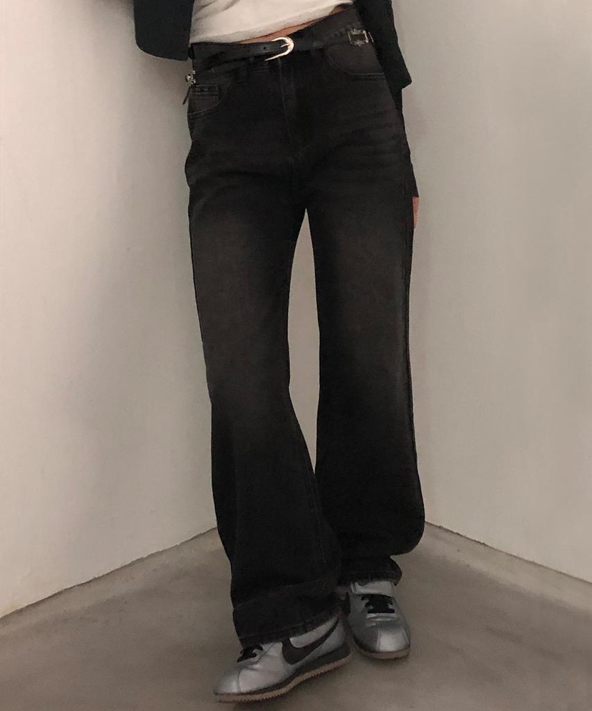 CHICKS Vintage Washed Wide Fit Denim Pants Black