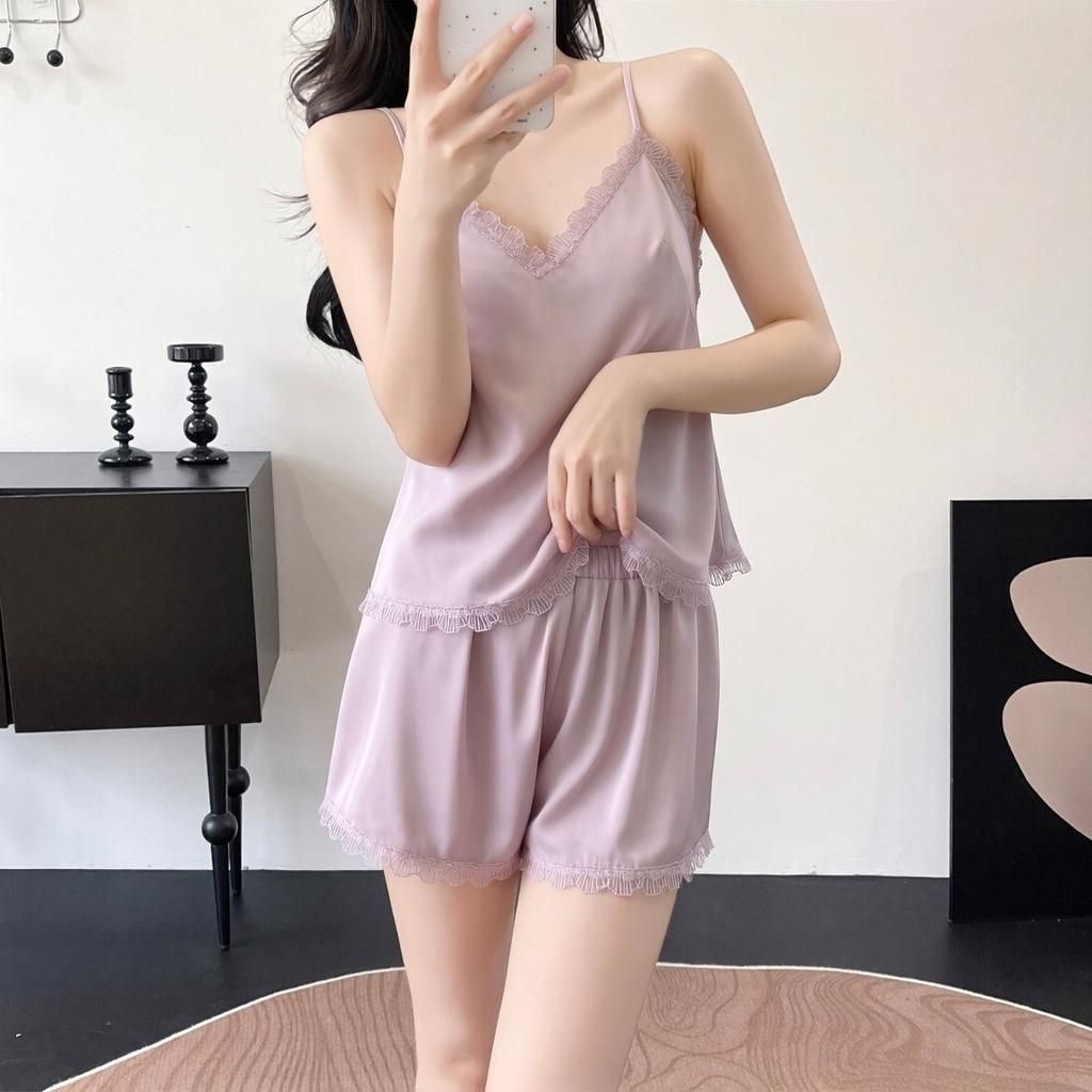 Ice Silk Pajamas Women's Sexy Lace Suspender Shorts Set Spring Summer Summer Thin Homewear with Chest Pad