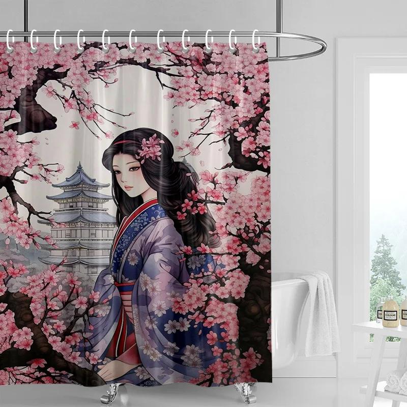 Japanese-style Gogi Retro Character Printed Shower Curtain Fading-resistant Bathroom Partition Curtain for Hotel Home Decoration