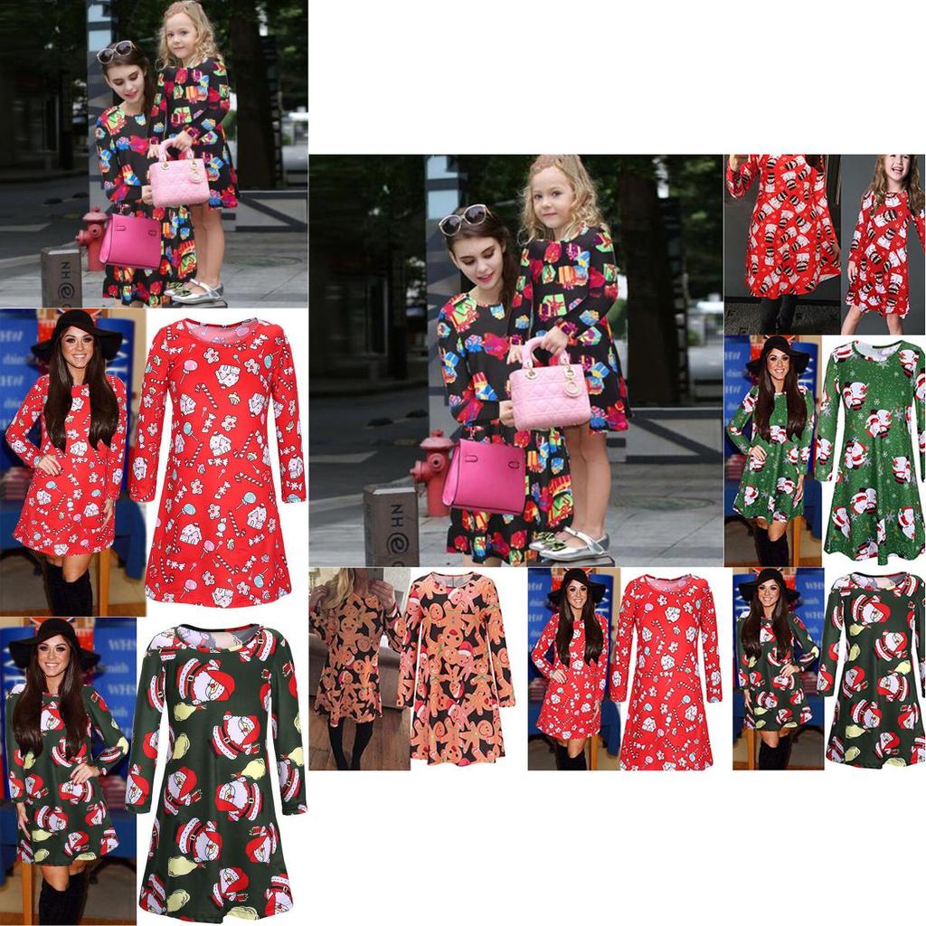 Charming Girls Children Christmas Dress Featuring Elegant Santa Bow Print For Mothers And Daughters