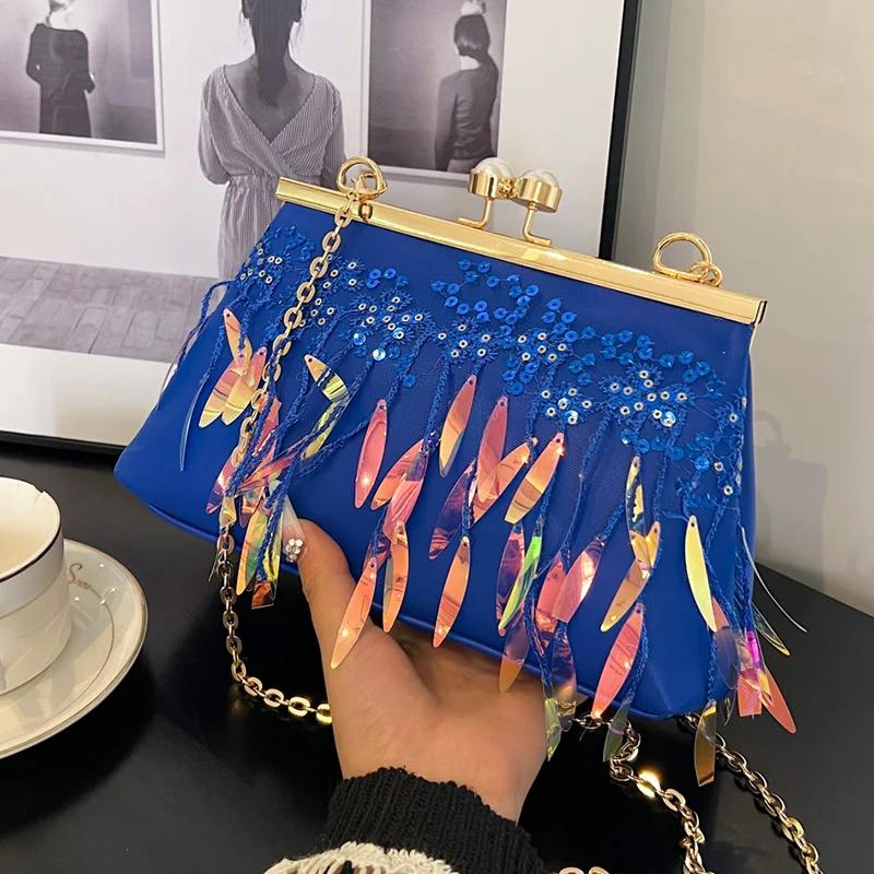 

Сумка-мессенджер с пайетками для женщин, выпускной клатч, сумки на плечо, классические сумки с застежкой-молнией и бахромой, белое золото