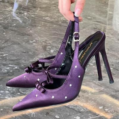 Fashion Elegant Purple Satin Butterfly-knot Pumps Women Luxury Rhinestone Embellished Brand Designer Shoes Fashion Party Dress Shoes