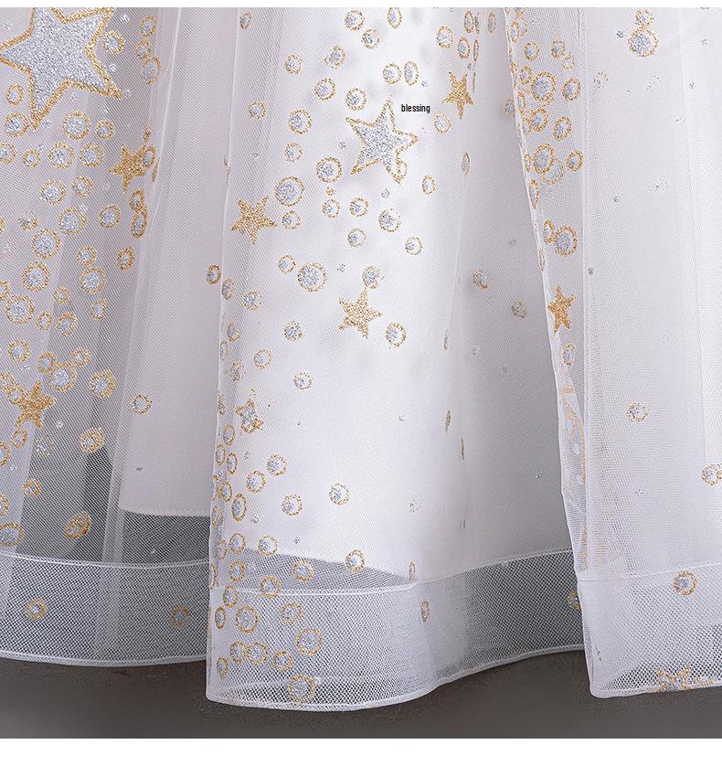Girls' Princess Puff Sleeve Starlight Mesh Gown for Piano Performance & Banquet