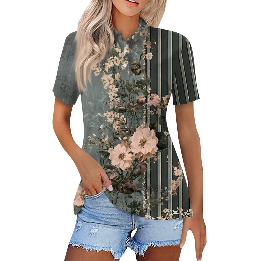 Women's Fashion Casual Lapel Short Sleeve Printed Shirt Women's Button Up Tops
