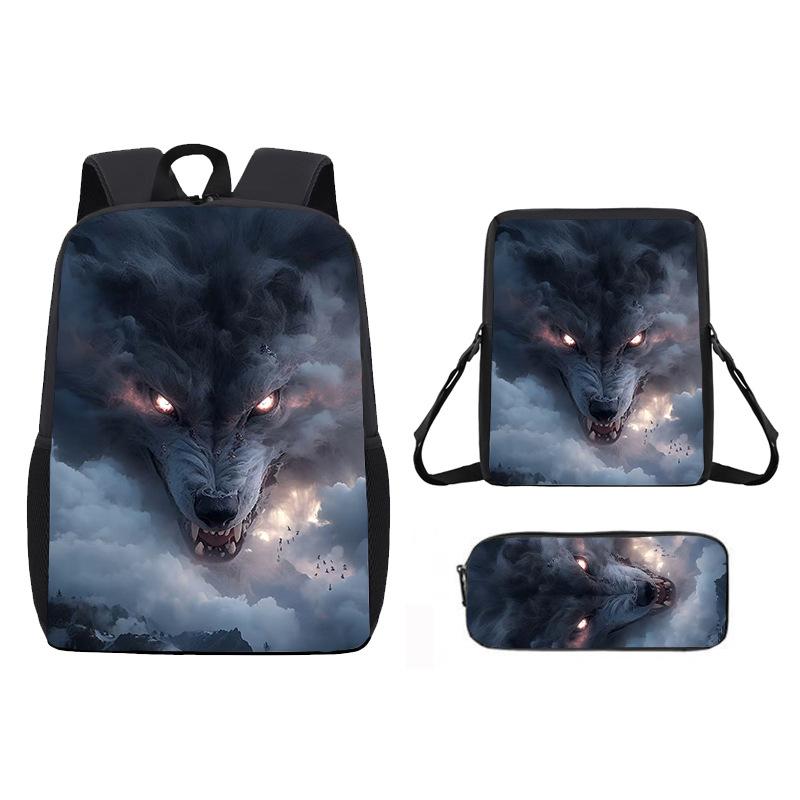 Girlsiii Shoes Unisex Kids 17 Inch Printed Wolf Animal Backpack Male And Female Students Backpack Children's Schoolbag Three-Piece Set