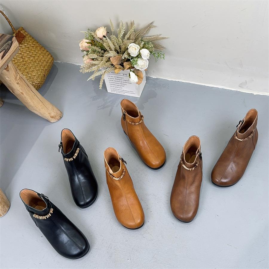 Johnature Retro Short Boots With Side Zipper Genuine Leather Soft Sole Comfortable Women's Shoes