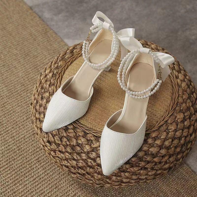 Skinny Pointed Thin Heel High Heels with Women's Summer New Bag Head Pearl Sandals