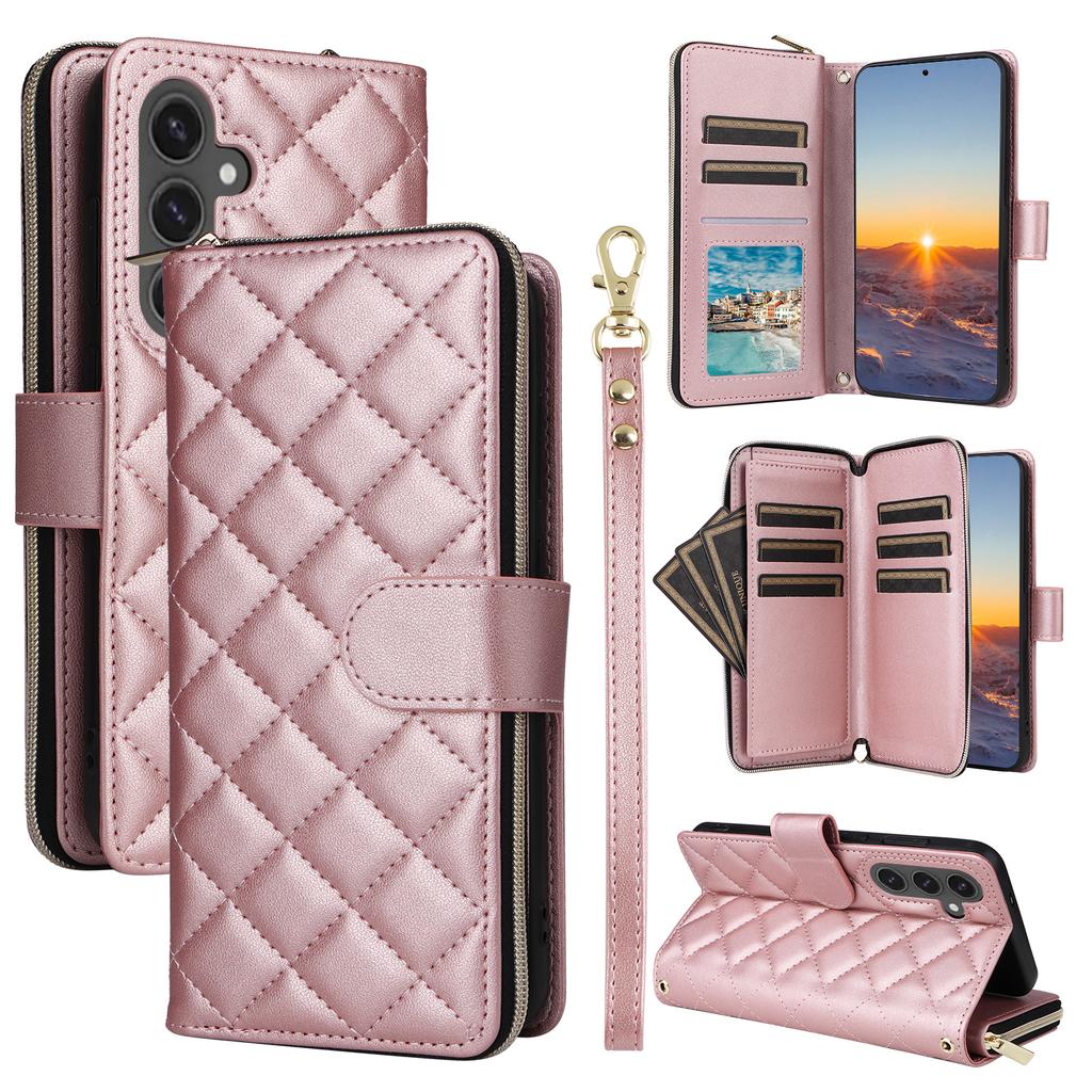 For Samsung Galaxy S24 FE Case Zipper Wallet Rhombus PU Leather Crossbody Phone Bag