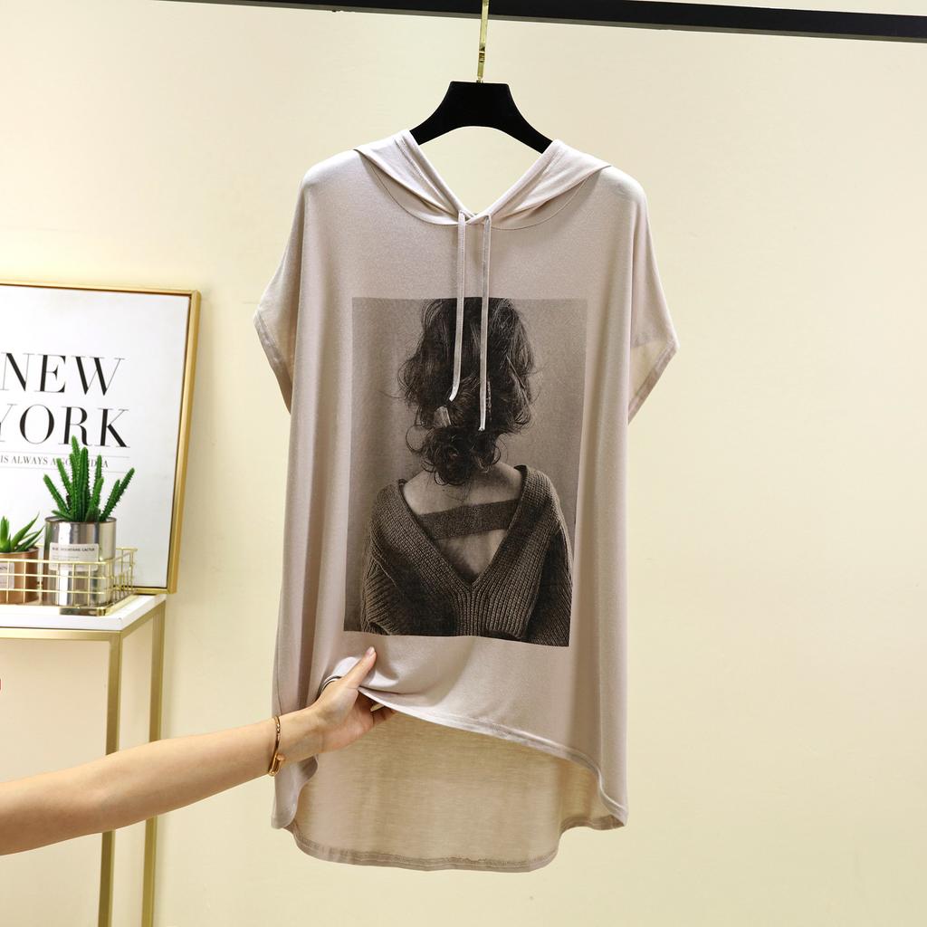 Mid-Length Beauty Print Hooded Tshirts Summer Women's Modal Hoodies Casual Tee Tops Short Sleeves Solid Color All Match