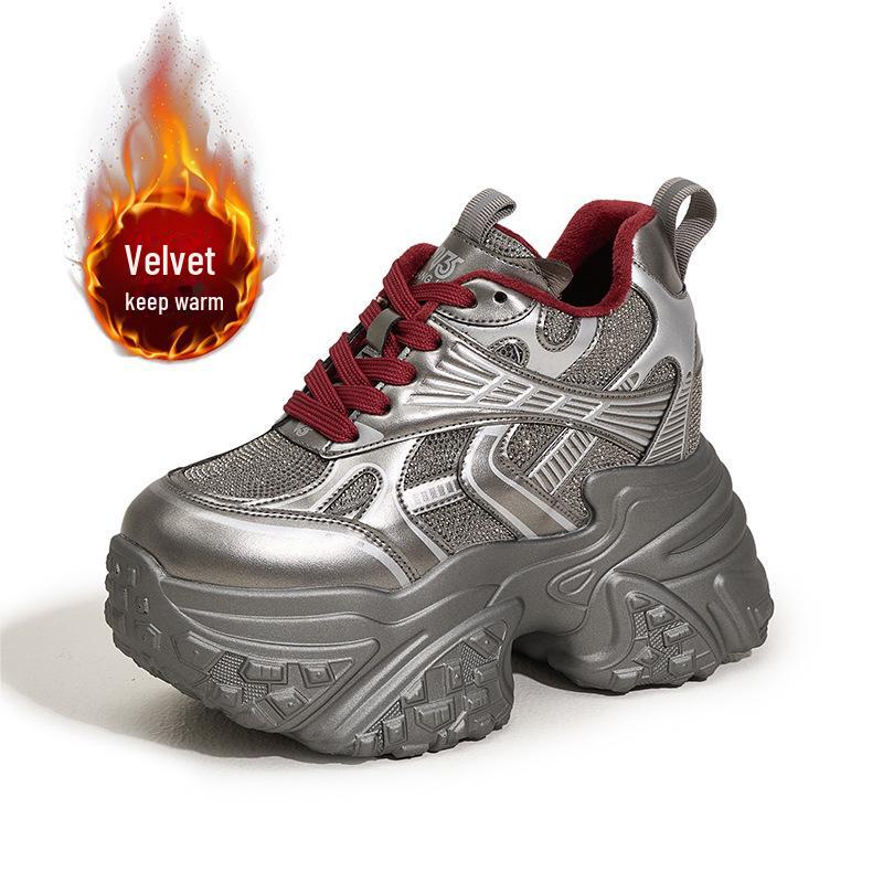 

Женские туфли со стразами на толстой подошве, визуально увеличивающие рост, 2025 года для осени/зимы — модные, универсальные и теплые. 35