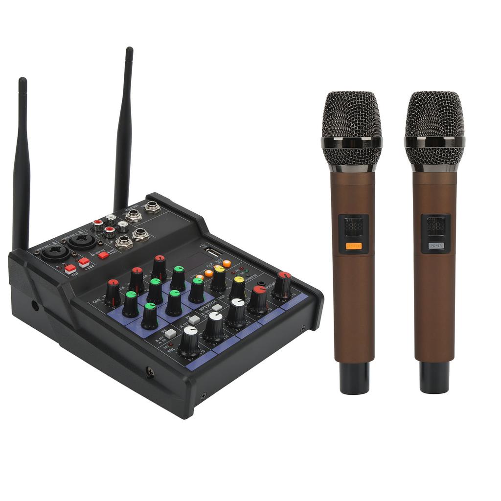 4 Channel Small Bluetooth Stereo Mixer with 2 Wireless Microphones Family Stereo Processor for Live