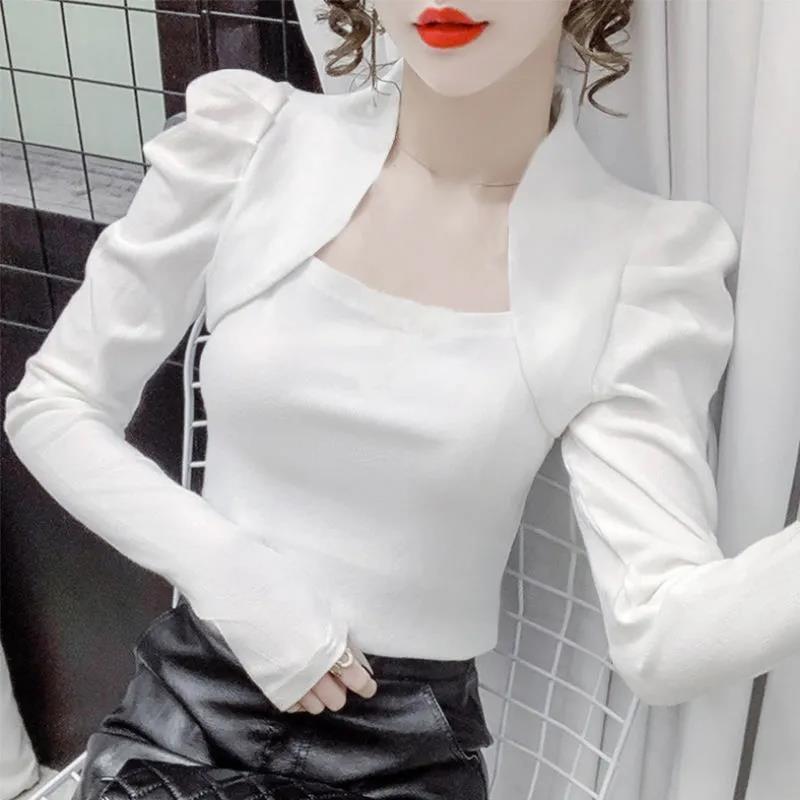 

Весенняя новинка 2023 года, футболка с длинным рукавом во французском стиле с квадратным вырезом, женская однотонная, с рукавами-фонариками, тонкая, элегантная, пуловеры M белый