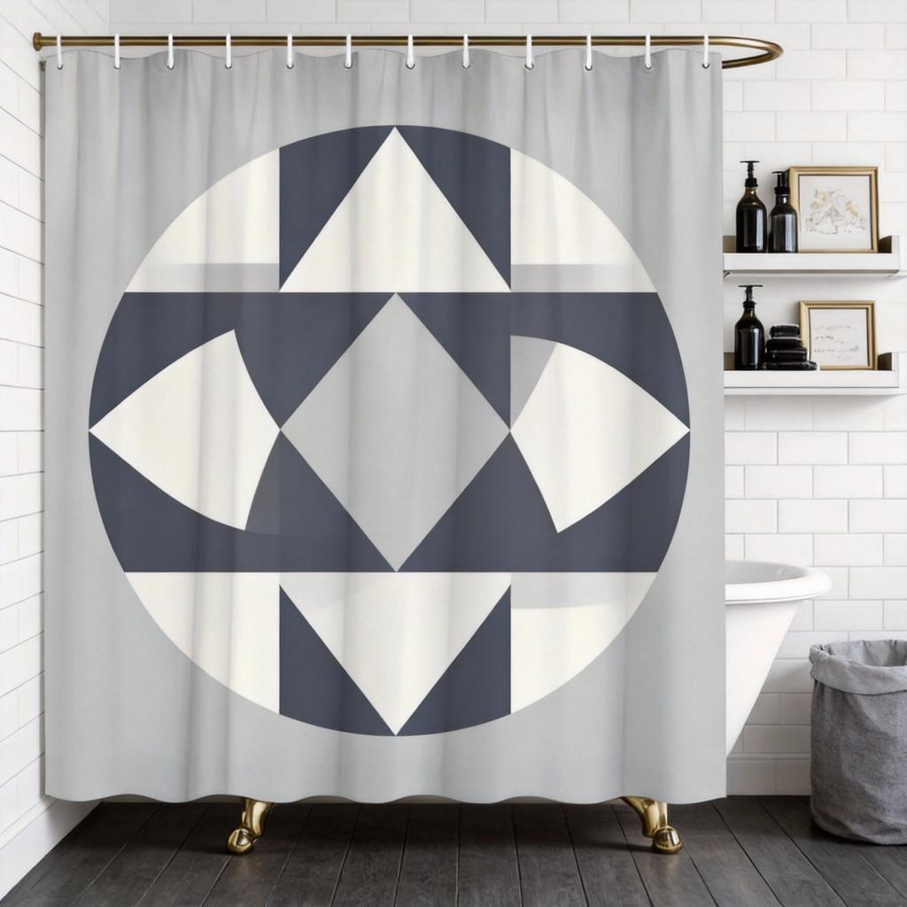 Color Block Plaid Shower Curtain Navy, Coral & Beige Grid Design, Modern Minimalist Pattern for Contemporary Bathroom Decor