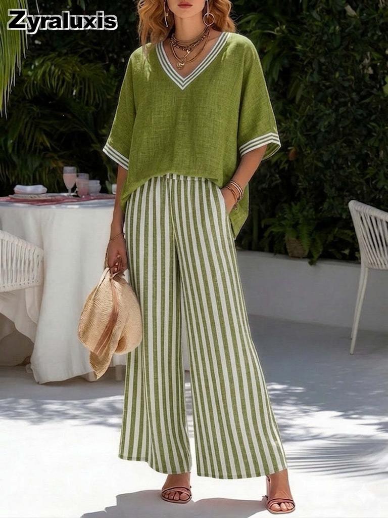 Women's V-Neck Top & Straight Leg Striped Casual Pants Set