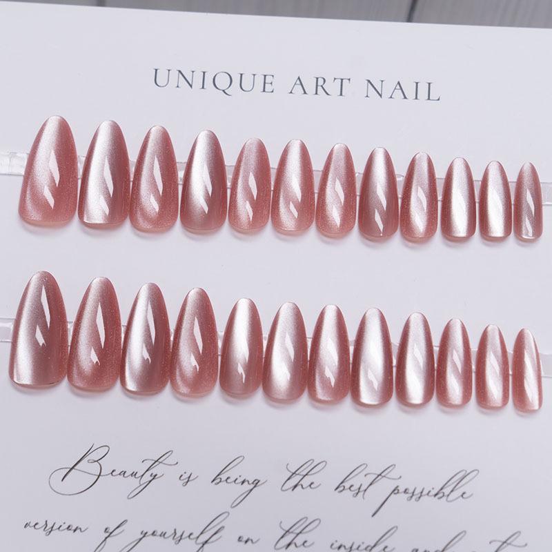 24pcs Pink Cat Eye Fake Nails Glitter Fashion False Nail Patch For Lady Women Wearable Manicure DIY Art Almond Press On Nails