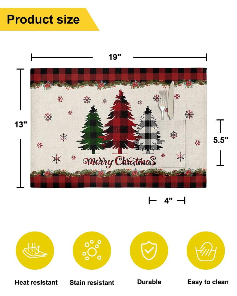 Christmas Tree Buffalo Plaid Placemats Set of 5 Christmas Placemats  Place Mats for Dinner Kitchen Table Party Home Decoration