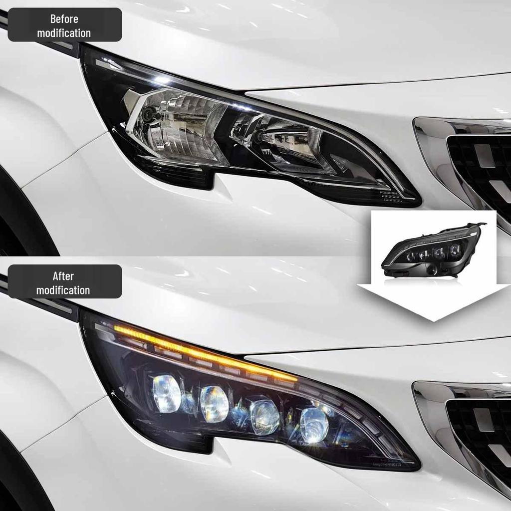 Fits 2016-2019 Peugeot 4008/5008 headlights with crystal lenses and LED sequential turn signals.
