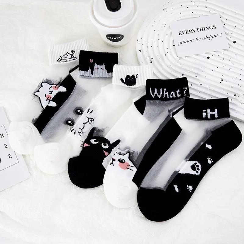 5-40Pairs Summer Black and White Cat Glass Fiber Breathable and Sweat Absorbing Women's Short Stockings Durable and Comfortable