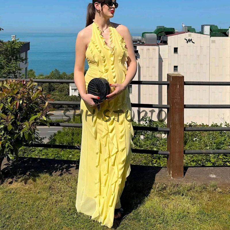 Summer New Product Women's Clothes French Sexy Wind Pure Color Ruffles Hanging Collar Backless Long Midi Skirt Dress