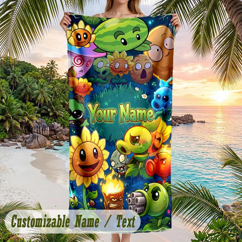 Plants Vs. Zombies Beach Towel, Personalized Custom Text, Quick Dry Soft Large Towel For Swimming Pool Travel