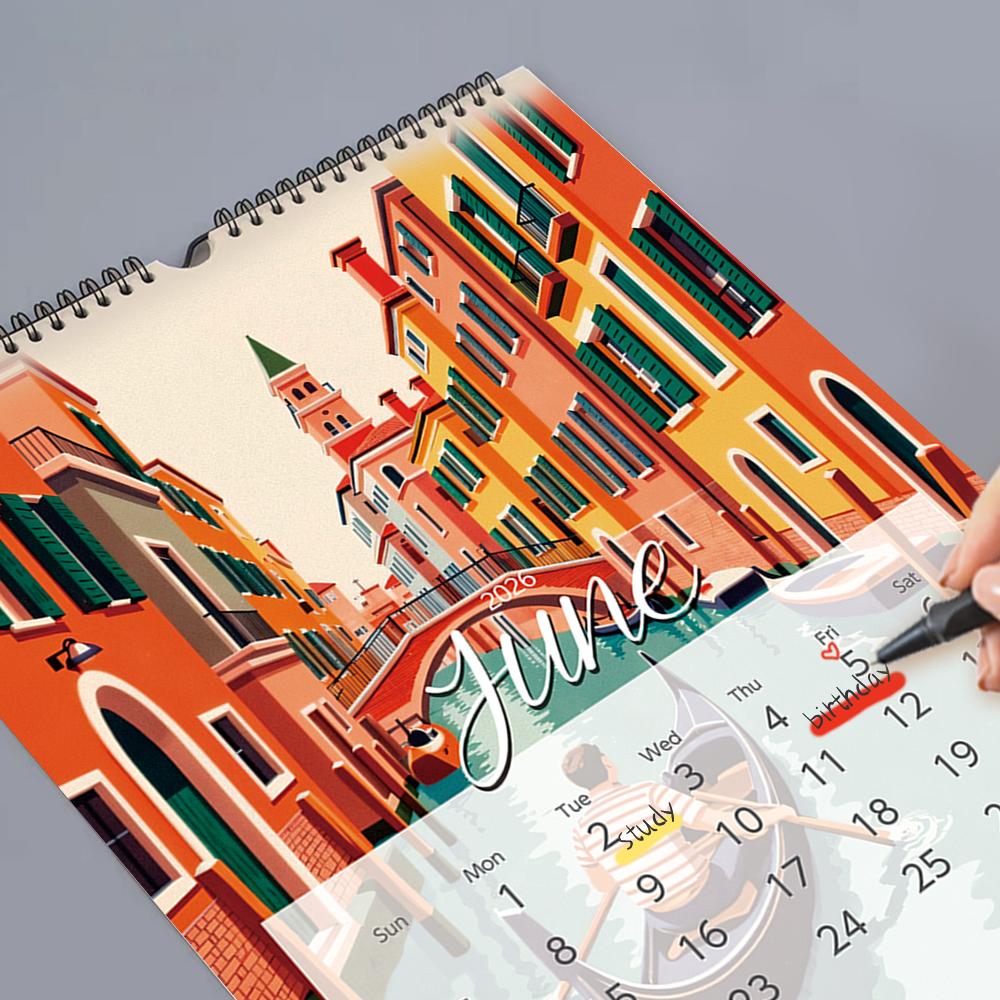 1pc 2026 Cartoon Landmark Wall Calendar - Scenery Theme, 12 Different Designs, Suitable As Gifts for Halloween, Birthdays