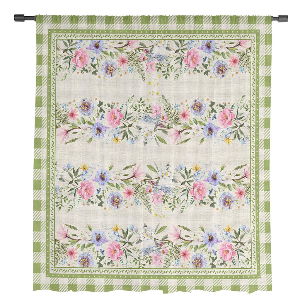 Summer Plaid Idyllic Flowers Sheer Curtains For Living Room Kitchen Bedroom Voile Hanging Window Drapes