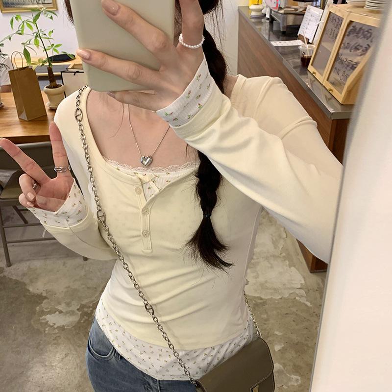 

Футболка с длинным рукавом и имитацией настоящего цветочного красного цвета, новая короткая корейская куртка с U-образным воротником начала осени XL