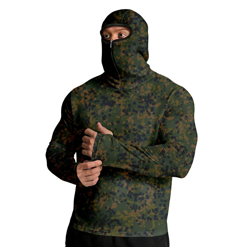 Men Digital Camouflage Print Long Sleeve Hooded Pullover with Integrated Face Covering for Outdoor Activities