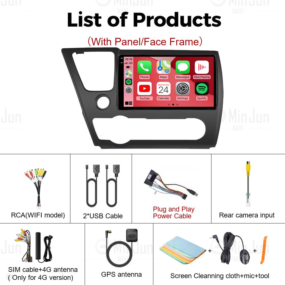 Wireless CarPlay Auto Multimedia GPS for Honda Civic 9th 2013 2014 2015 2016 2017 2018 2019 Android 14 Car Radio Head Unit