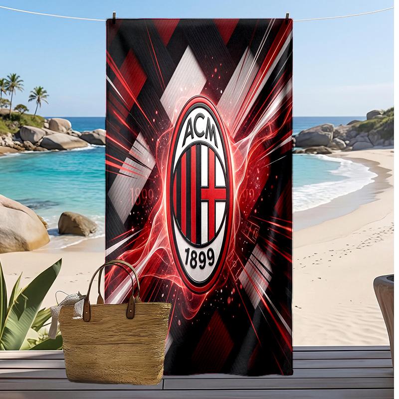 מגבת חוף מודפסת AC Milan, מגבת רכה מתייבשת במהירות, שמיכת חוף מלבנית גדולה ניידת לנסיעות, בריכה