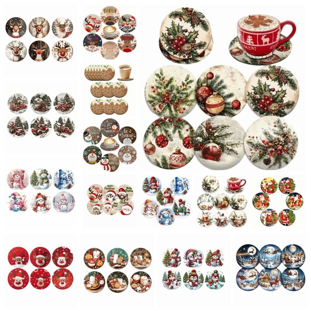 6pcs Snowman Santa Claus Coaster Wooden Coffee Cup Mat Christmas Drink Coaster  Christmas Party
